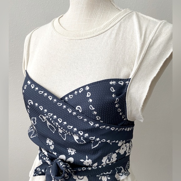 Free People Tops - Free People  Ivory Cream & Blue Cotton Tee with Scarf Tie Top Size S